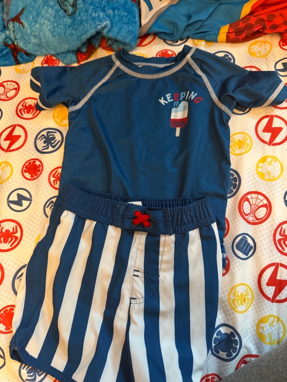 wonder nation Blue & White Boys Rash Guard Swim Set